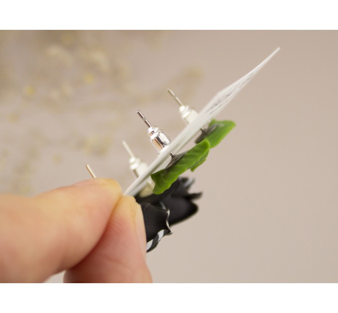 Handmade stud earrings set of 2 with tiny green leaves and elegant black white rose Cute Xmas gift Minimalist