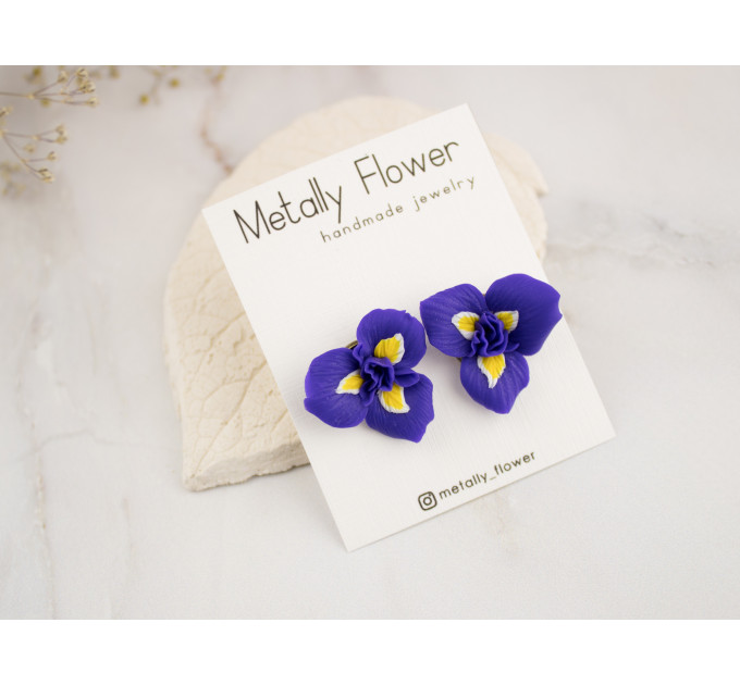 Purple yellow realistic iris flower stud earrings Botanical jewelry Spring wedding Cute gift for nature lover