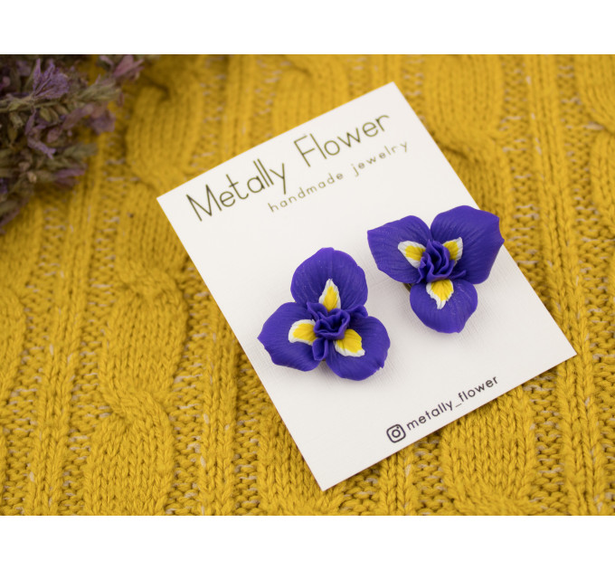 Purple yellow realistic iris flower stud earrings Botanical jewelry Spring wedding Cute gift for nature lover