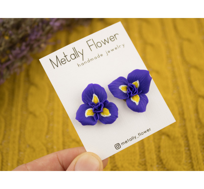 Purple yellow realistic iris flower stud earrings Botanical jewelry Spring wedding Cute gift for nature lover