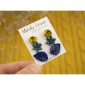 Tiny stud earrings set Dusty yellow rose flower Navy royal blue leaf Teal succulent Minimalist jewelry Handmade
