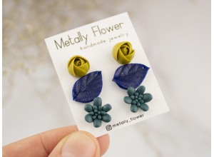 Set of 3 studs teal succulent yellow rose navy blue leaf