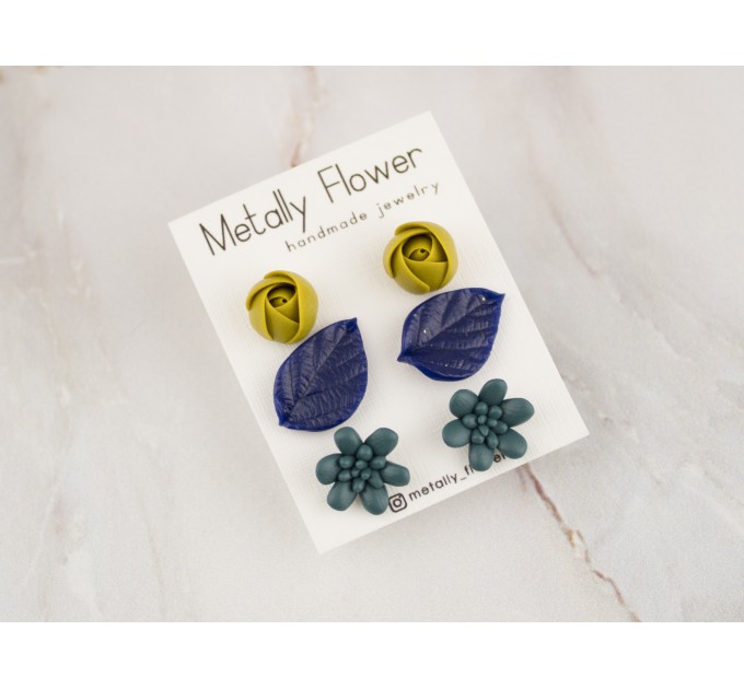 Tiny stud earrings set Dusty yellow rose flower Navy royal blue leaf Teal succulent Minimalist jewelry Handmade