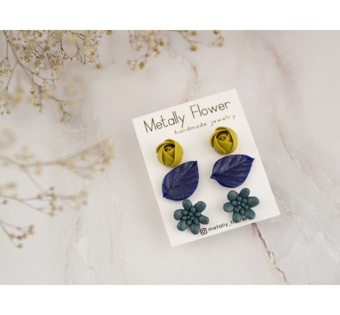 Tiny stud earrings set Dusty yellow rose flower Navy royal blue leaf Teal succulent Minimalist jewelry Handmade