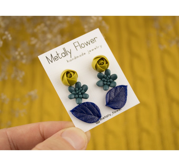 Tiny stud earrings set Dusty yellow rose flower Navy royal blue leaf Teal succulent Minimalist jewelry Handmade