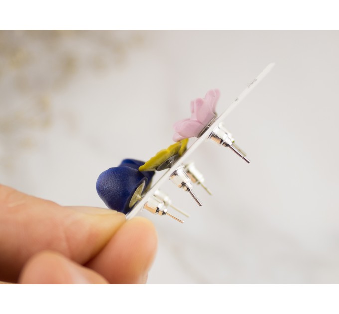 Cute stud earrings set with tiny pale pink succulent navy blue rose buds dusty yellow leaf Funny jewelry gift for girl teenager