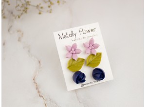 Set of 3 studs yellow leaf dark blue rose pink succulent