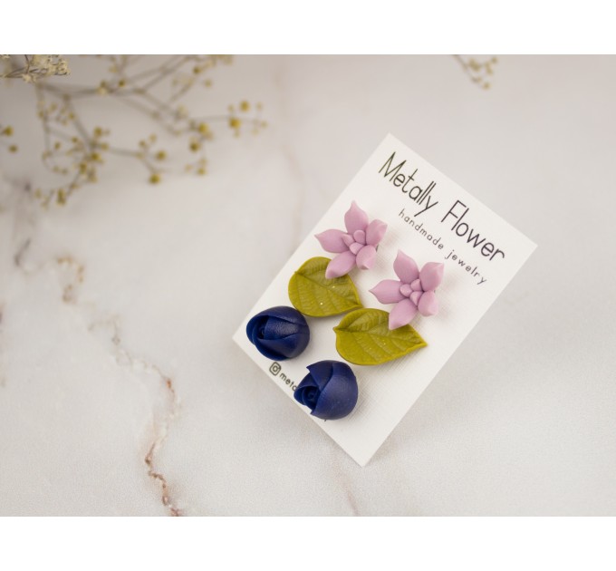 Cute stud earrings set with tiny pale pink succulent navy blue rose buds dusty yellow leaf Funny jewelry gift for girl teenager