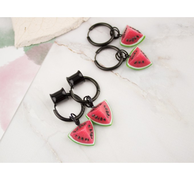 Cute hoop hangers for tunnels earrings with bright realistic watermelon slice Gauged earlobes jewelry Plugs Ear weights