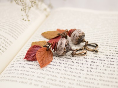 Ancient beads drop earrings Fall leaves red orange yellow