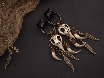Raven skull hoop hangers for tunnels 2g - 25mm with copper chains