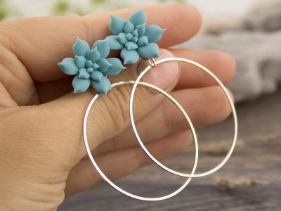 Dusty blue succulent plug earrings 3mm - 20mm with hoops 