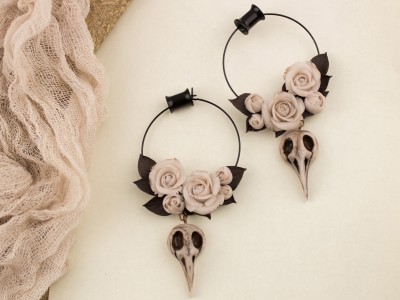 Bird skull Ivory roses ear hoops hangers 6-25mm Bird skull Ivory roses ear hoops hangers 6-25mm