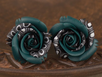 Teal black white rose ear plugs 5-20mm
