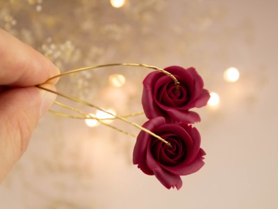 Burgundy rose golden hoop earrings  Burgundy rose golden hoop earrings