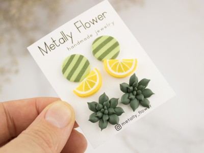 Set of 3 studs Lemon Green circle Teal succulent