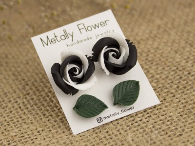 Black white rose and dark green leaf studs set of 2 Black white rose and dark green leaf studs set of 2