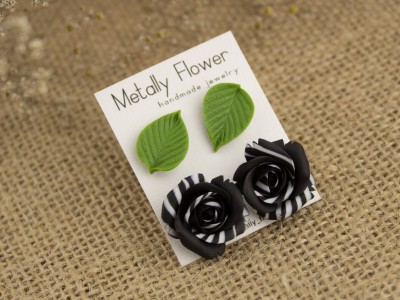 Light green leaf and BW rose studs set of 2 Light green leaf and BW rose studs set of 2