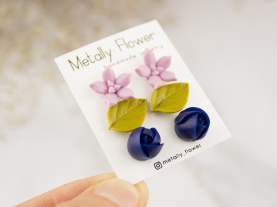 Set of 3 studs yellow leaf dark blue rose pink succulent Set of 3 studs yellow leaf dark blue rose pink succulent
