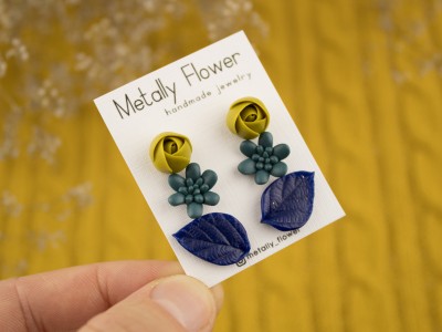 Set of 3 studs teal succulent yellow rose navy blue leaf Set of 3 studs teal succulent yellow rose navy blue leaf