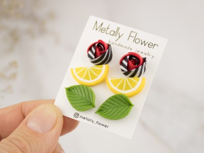 Bright set of 3 studs red BW rose lemons leaves Bright set of 3 studs red BW rose lemons leaves