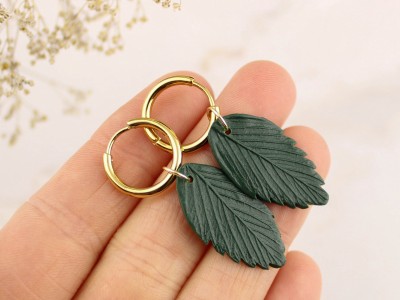 Golden hoop earrings green leaf Golden hoop earrings green leaf