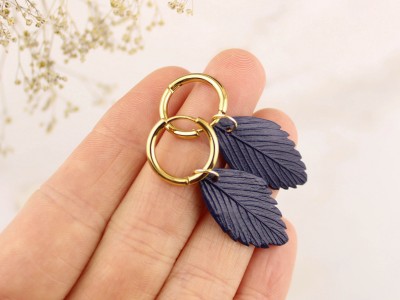 Golden hoop earrings navy blue leaves Golden hoop earrings navy blue leaves